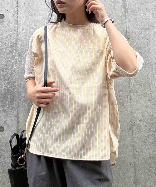 tシャツ 半袖 ◯接触冷感 布帛とレース ゆったりリブプルオーバー
