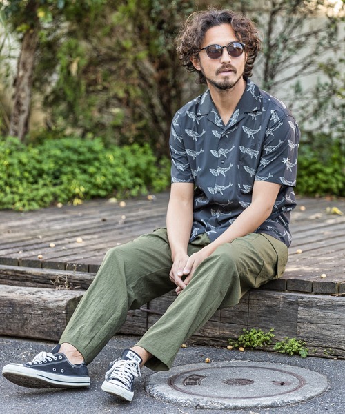 シャツ ブラウス mhs1663-ジオメトリック クジラ柄 半袖シャツ