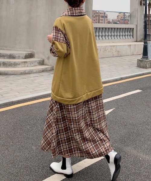 Diosfront ワンピース レイヤード風スウェットドッキングチェック