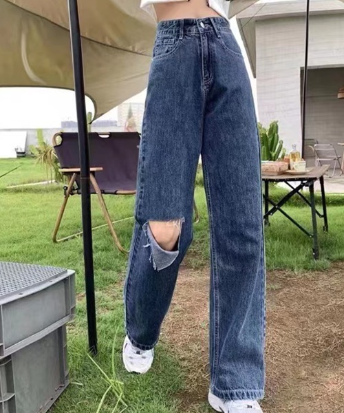 デニム ストレート パンツ ジーンズ ダメージ加工 カジュアル 6 ジーンズ デニム デニムパンツ ダメージ加工ストレートデニム