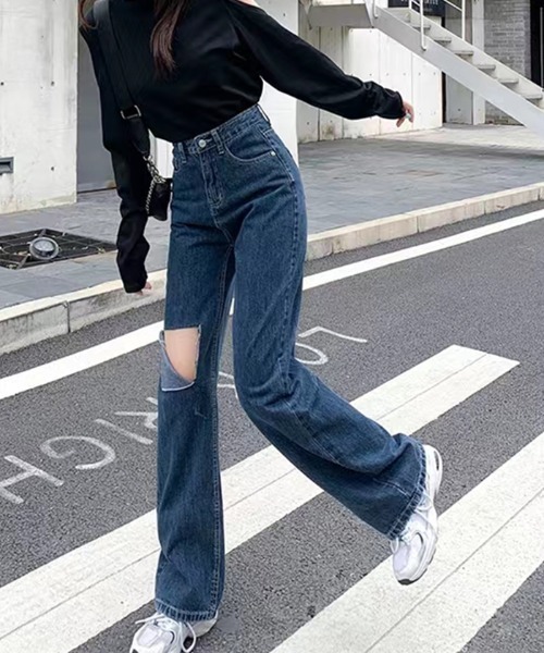 ジーンズ デニム デニムパンツ ダメージ加工ストレートデニム