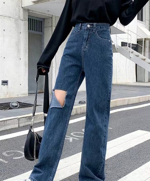 ジーンズ デニム デニムパンツ ダメージ加工ストレートデニム