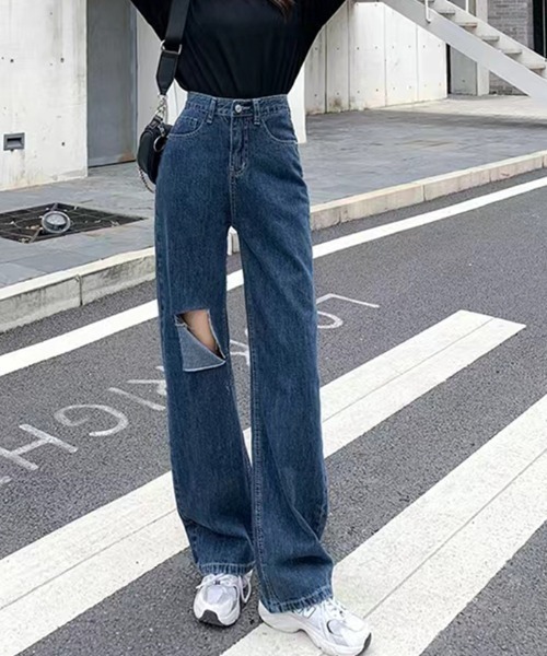 ジーンズ デニム デニムパンツ ダメージ加工ストレートデニム