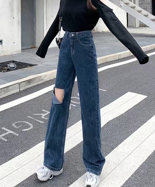 *JACQUEMUS* ダメージ加工ストレートデニムパンツ ジーンズ ジーンズ デニム デニムパンツ ダメージ加工ストレートデニム