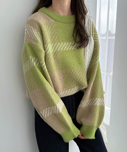 シェリエ チェックジャガードニットトップス sheller シェリエ チェックジャガードニットトップス