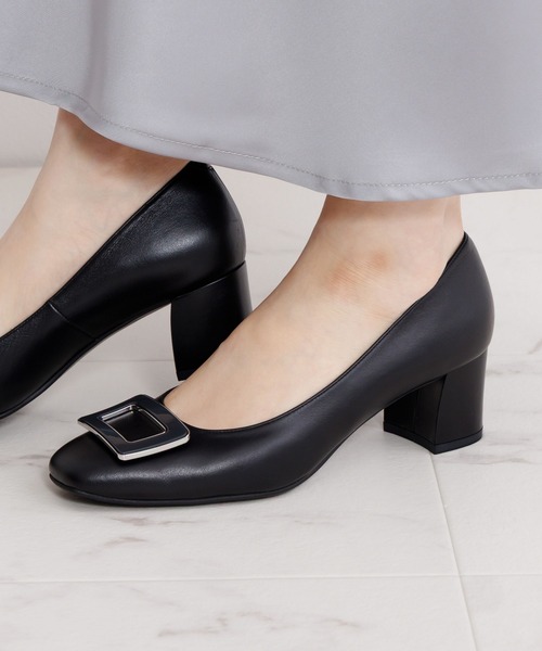 極美品✨ミハマ スクエアパンプス チャンキーヒール　レザー　リボン　黒　23cm 痛くない レザー パンプス チャンキーヒール レディース