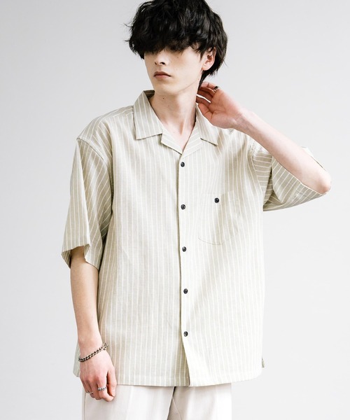 【美品】MHL. 半袖シャツ リネン混バンドカラー 生成り ストライプ M Rocky Monroe シャツ 接触冷感 無地/ストライプ リネンミックス
