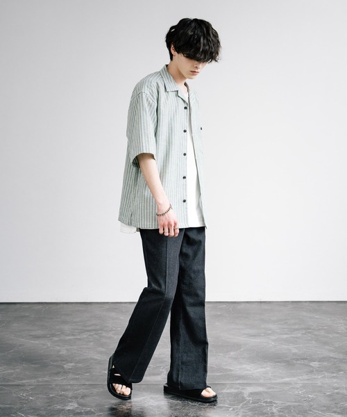 薄手 半袖シャツ パンツ ストライプスーツ メンズ ゆったり n989 半袖ワイシャツ ストライプ ブルー CoolMax ELLE HOMME｜CHOYA