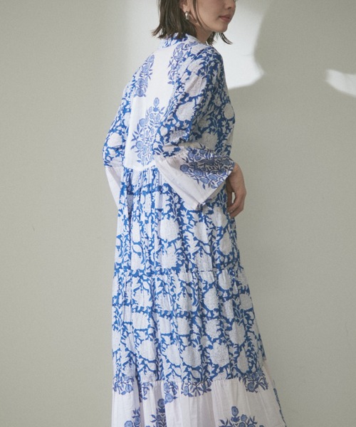 ★新品・未使用★インド綿　総柄　ロングフレアワンピース　花柄ウエストリボン Remind me and forever ワンピース 「India series」「WEB限定