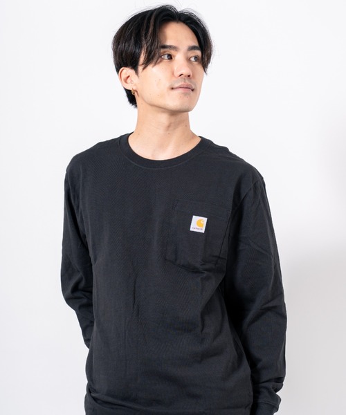 ブラック長袖シャツ C H ポケット付き　USA製 L Carhartt（カーハート） tシャツ 「CARHARTT」長袖 クルーネック