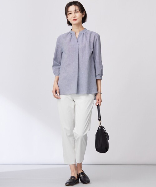 【美品】MHL. 半袖シャツ ブラウス　チェック　バンドカラー　麻　プルオーバー ブラウス シャツ 「洗える」リネンminiチェック バンドカラー プル