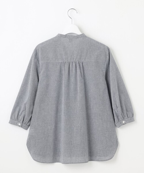 【美品】MHL. 半袖シャツ ブラウス　チェック　バンドカラー　麻　プルオーバー ブラウス シャツ 「洗える」リネンminiチェック バンドカラー プル