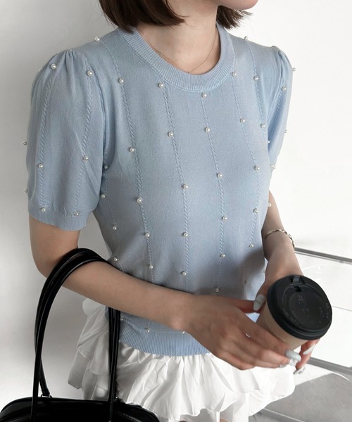 Mejoul ニット セーター パステルカラー パフスリーブ パール付き