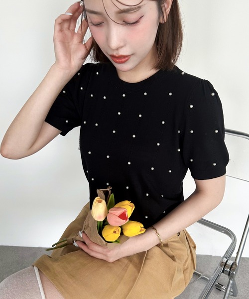 Mejoul ニット セーター パステルカラー パフスリーブ パール付き