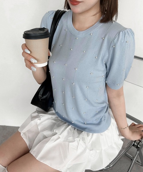 パフスリーブパールニットプルオーバー SALE/14%OFF》パール付きパフスリーブニットトップス - STAY MOTION