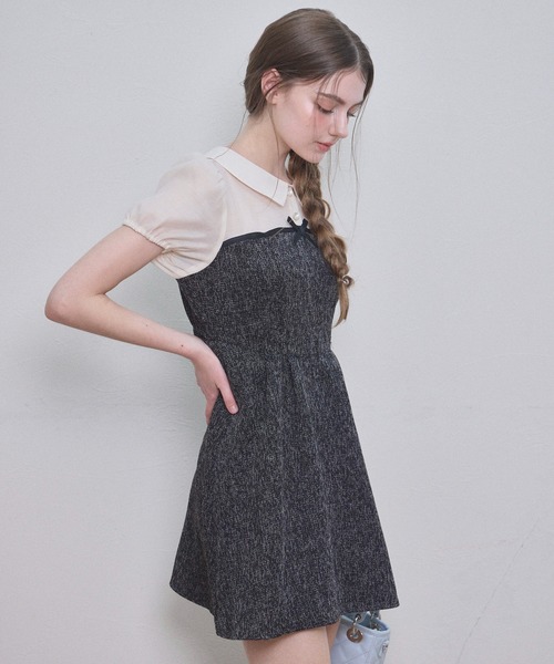 ルネ ツイード フリル ワンピース ドレス ビジュー パール ブルー系