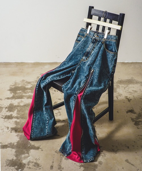 再構築　リメイクワイドデニム　パンツ　リメイク　サイドジップ　アディダス　黒緑 再構築 リメイクワイドデニム パンツ リメイク サイドジップ