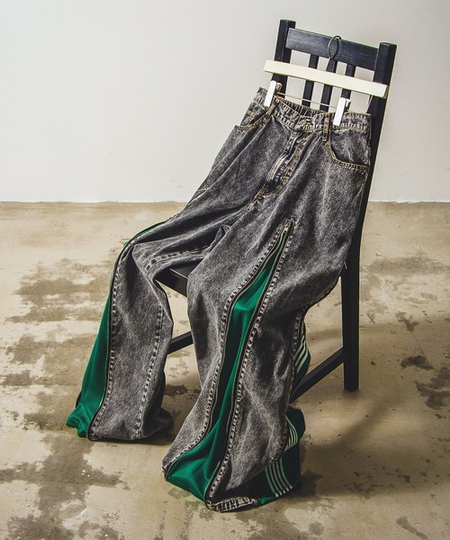 Revo. ジーンズ デニム×ジャージ ジップデザイン リメイク風パンツ