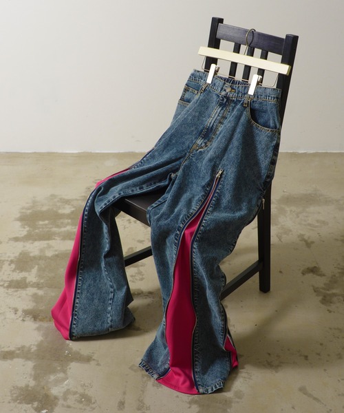 Revo. ジーンズ デニム×ジャージ ジップデザイン リメイク風パンツ