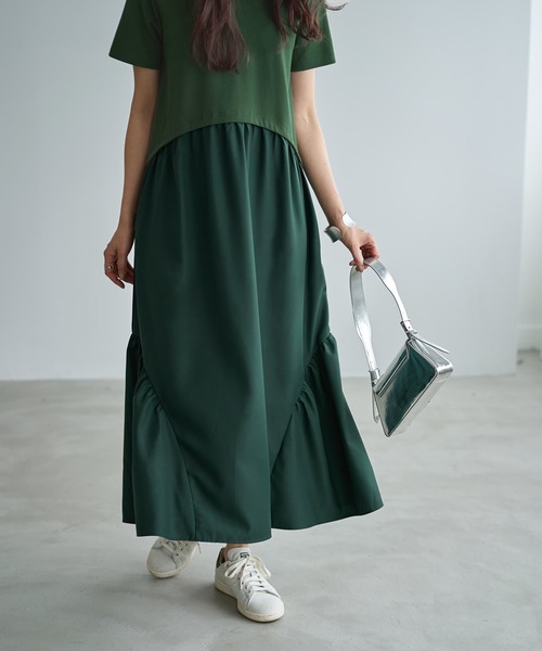 ワンピース ラウンドネック ミディ丈 ストライプ プリーツ S/M/L リリーオブバリー Lily of Valley 上品 きれいめ プリーツ