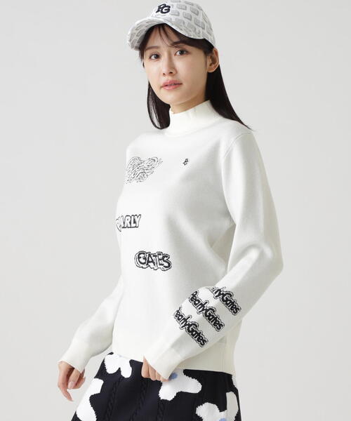PEARY GATES 14GダブルJQ×ワッペン風ハイネックニットプルオーバー PEARLY GATES（パーリーゲイツ） tシャツ 「PEARLY GATES」14GダブルJQ
