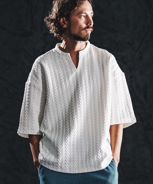 wjk reluxe tシャツ mt10163-cable knit jacquard key neck SS