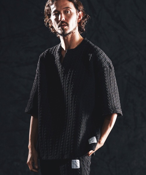 wjk reluxe tシャツ mt10163-cable knit jacquard key neck SS