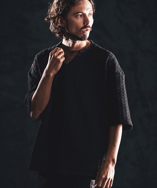 wjk reluxe tシャツ mt10163-cable knit jacquard key neck SS
