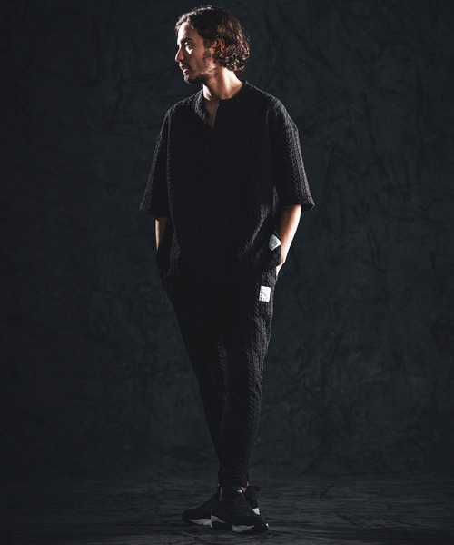 wjk reluxe tシャツ mt10163-cable knit jacquard key neck SS
