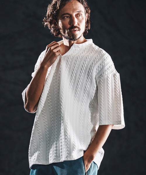 JOKER 69 Vネックシャツ ホワイト　希少品‼️ wjk reluxe tシャツ mt10163-cable knit jacquard key neck SS