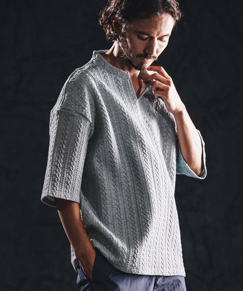 wjk reluxe tシャツ mt10163-cable knit jacquard key neck SS