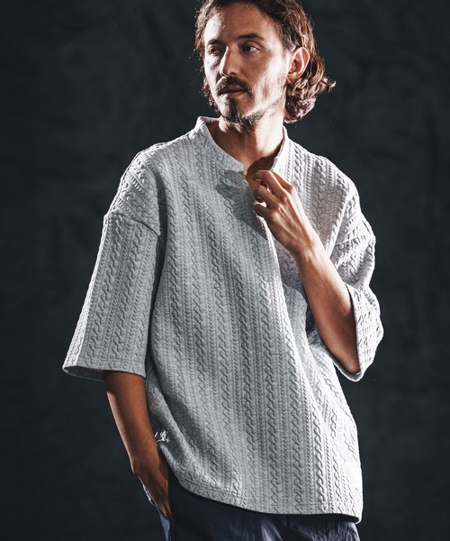 wjk reluxe tシャツ mt10163-cable knit jacquard key neck SS