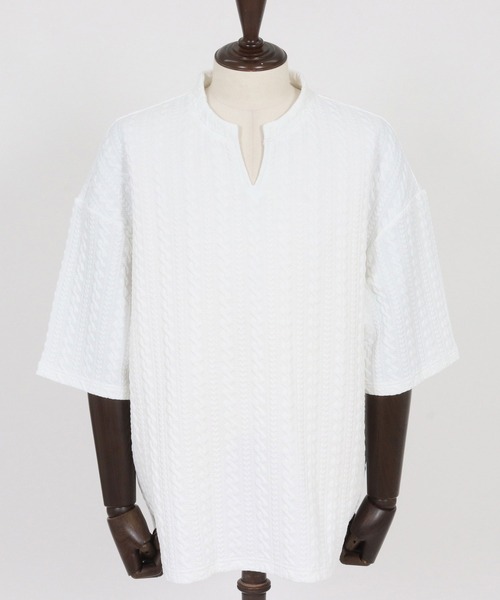 wjk reluxe tシャツ mt10163-cable knit jacquard key neck SS