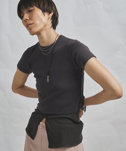 ウィムガゼット　シルク　混　デシン　T シャツ　ブラウス　半袖　チャコール　F Whim Gazette（ウィム ガゼット） tシャツ 「GEMINI」半袖Tシャツ