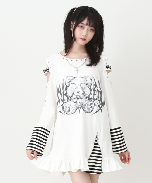 DearMyLove ワンピース 病みくまグラフィック十字架肩開きスタッズ
