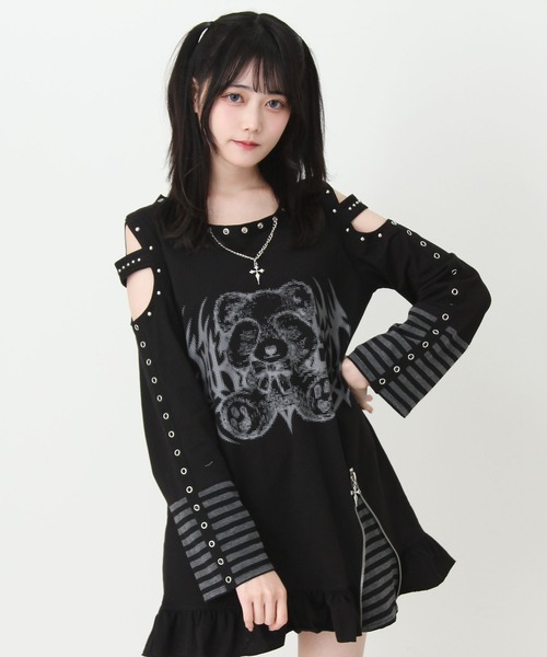 DearMyLove ワンピース 病みくまグラフィック十字架肩開きスタッズ