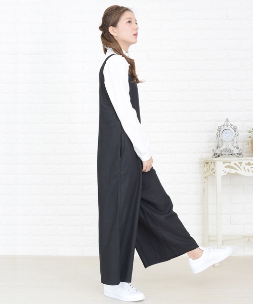 サロペット薄手レディース オールインワン パンツ ワイドパンツ Vネックブラック Lace Ladies オールインワン Vネックワイドパンツサロペット