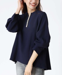 myine パール付きキーネックブラウスセットアップ(ブラック) Jines ブラウス シャツ パール付キーネックブラウス レディース