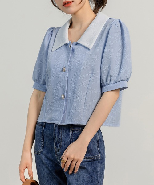 DAY CLOSET ブラウス シャツ 夏 半袖 「立体花柄エンボス加工×パール調