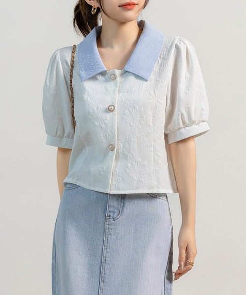 DAY CLOSET ブラウス シャツ 「立体花柄エンボス加工×パール調ボタン
