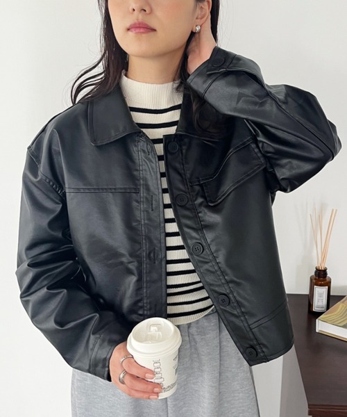 CLEA ブルゾン アウター フェイクレザーショートジャケット レディース