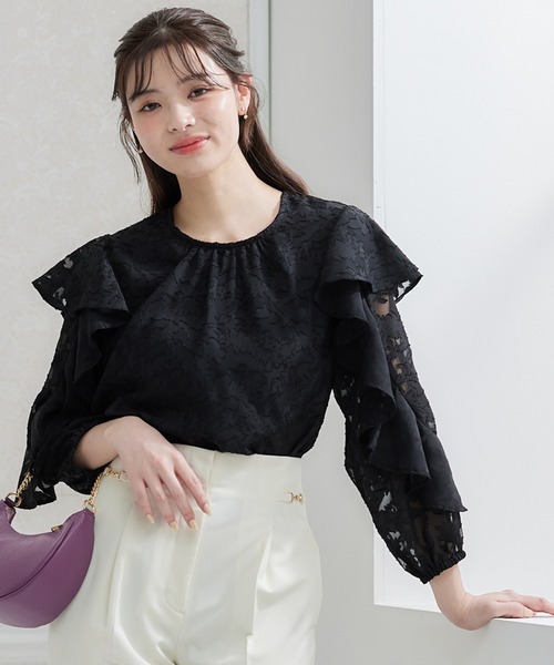 ブラウス シャツ 花柄ジャガードラッフルスリーブブラウス レディース