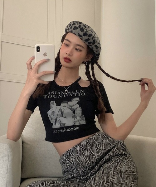 tシャツ 2WAYカットアウトコンパクトTシャツ レディース shopnikoniko tシャツ クロップド丈 ショルダーカットアウト T
