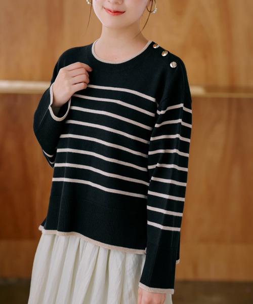 ニット セーター パネルボーダーゆるニット「低身長・小柄女性」 レディース ニット セーター パネルボーダーゆるニット「低身長・小柄女性