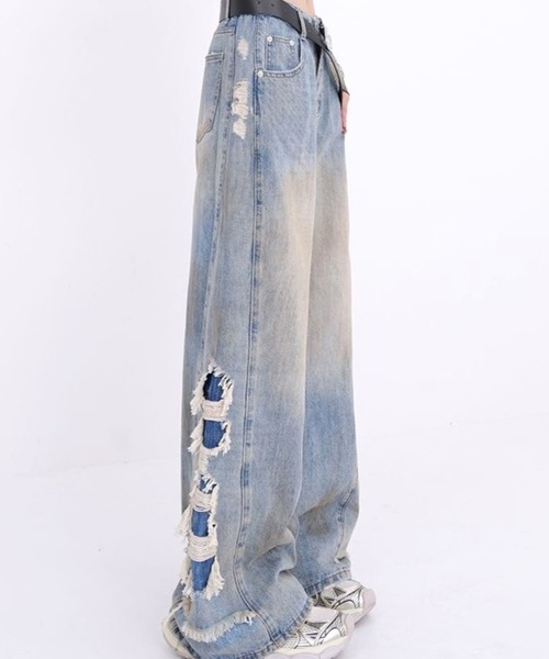 ダメージ ハーフパンツ ルーズ 切替 七分丈 デニム 迷彩 cr9666 Damaged camouflage half denim pants/迷彩デザイン ダメージ