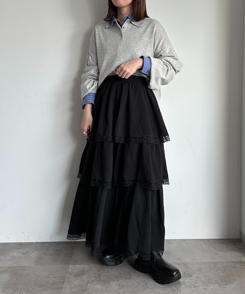 美品✨jolie mignon チュールレース ティアードスカート黒×アイボリー apres jour mignon（アプレジュールミニョン） スカート レースツキ