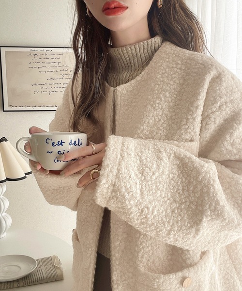 「mily bilet」 ノーカラーコート X-LARGE アイボリー レディース_画像6