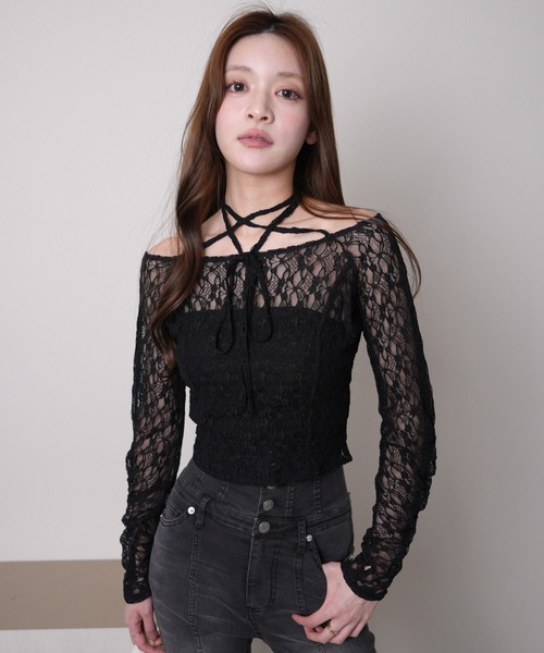tシャツ ベアセットストラップオフショルレーストップス レディース