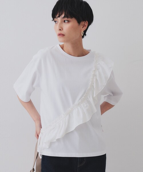 首フリルカットソー OPAQUE.CLIP（オペークドットクリップ） tシャツ フリルドッキング
