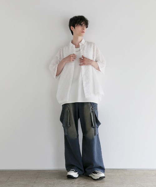 ハーフスリーブルーズシャツ LILL シャツ ルーズシルエットフリンジシアーハーフスリーブ